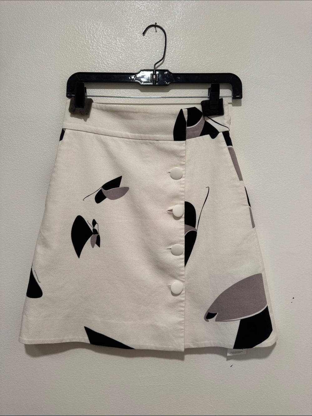 Tibi Ivory A-Line Skirt with Black & Gray Leaf Print